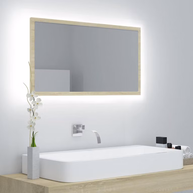 Specchio da bagno moderno vidaXL con luce LED in rovere sonoma e acrilico, L 80 cm x P 8,5 cm x H 37 cm