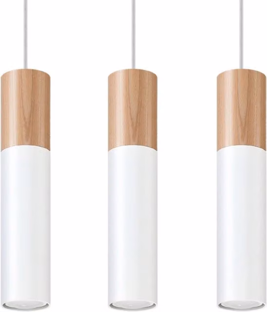 Lampadario a soffitto MARCOS Pure Lume con 3 luci GU10, design moderno in bianco e legno, altezza regolabile