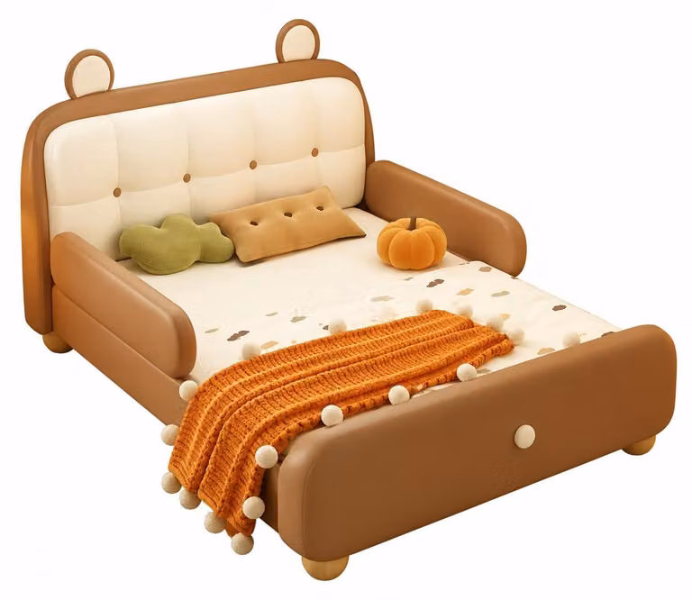 Letto per bambini marrone in pelle con sponde laterali, carino e adatto ai bambini