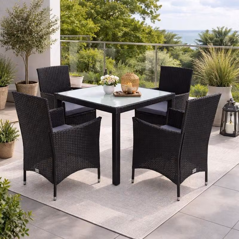 Gruppo di sedute in polyrattan Set di mobili da giardino in rattan Gruppo da pranzo da giardino nero