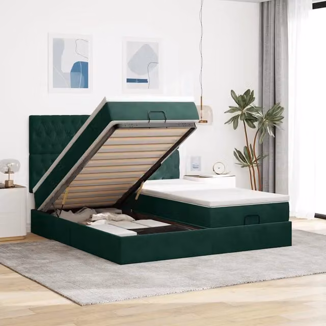 Letto con contenitore a sollevamento vidaXL in velluto verde e bianco L: 180 cm, P: 200 cm, H: 280 cm