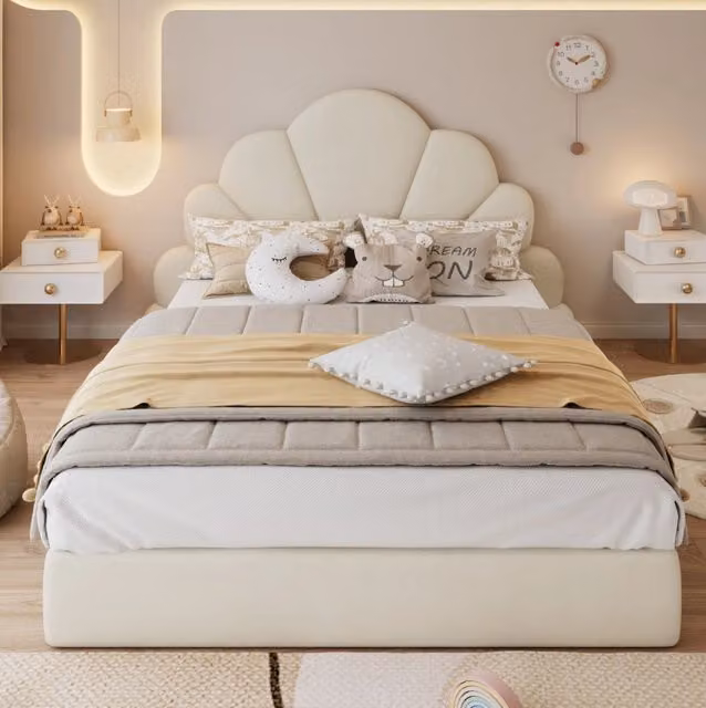Letto matrimoniale imbottito beige in velluto con testiera floreale 140x200 cm