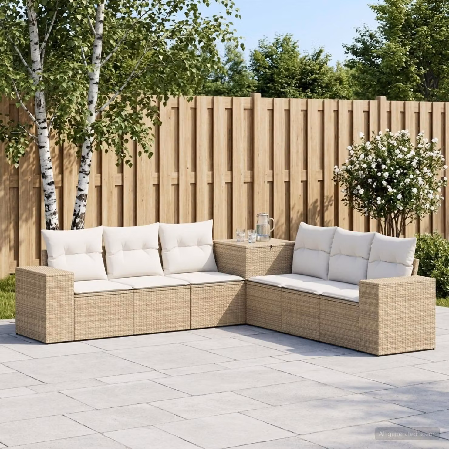 Set di divani da giardino vidaXL in polyrattan con cuscini, 7 pezzi, Beige e Bianco Crema