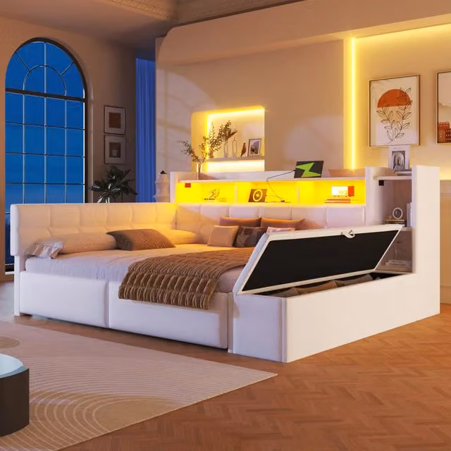 Letto divano 140x190 cm con 2 cassetti; USB e USB-C; nicchia; panca contenitore e LED; rivestimento in velluto; bianco