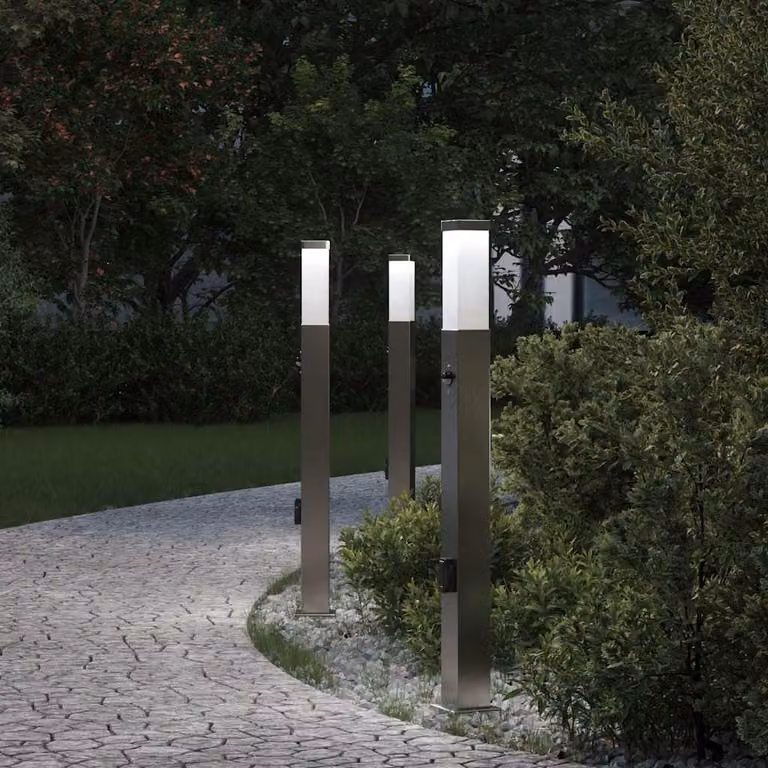 Set di 3 lampioni a dissuasore vidaXL in acciaio inox color argento con sensore di movimento e presa E27, Altezza: 80 cm, IP44