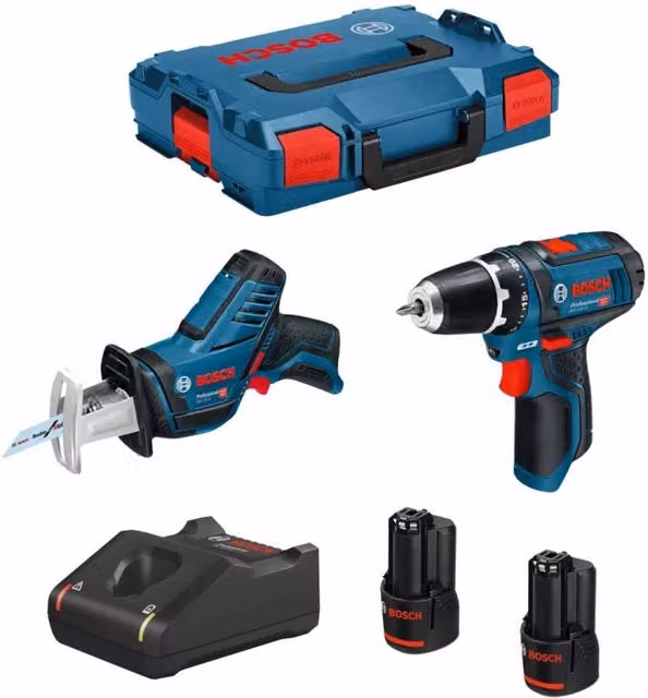Kit Bosch 12V con Avvitatore a Impatto GSR 12V-15, Avvitatore a Impatto GSA 12V-14, 2 Batterie da 3,0 Ah, Caricabatterie GAL 12V-40 e L-Boxx 102, Colore Blu