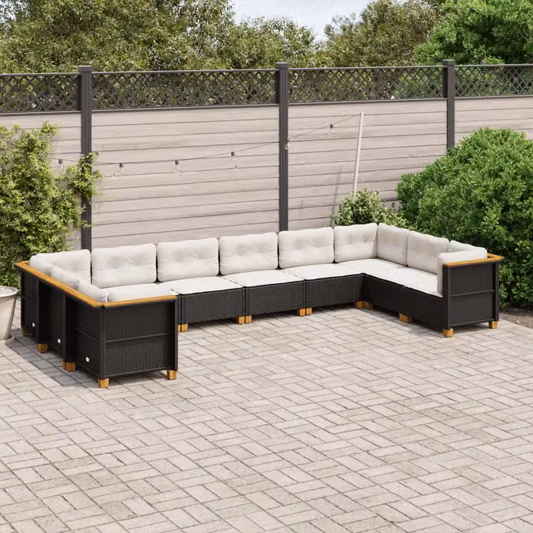 Set di divani da giardino vidaXL in rattan e legno di acacia con cuscini bianchi e neri per esterno