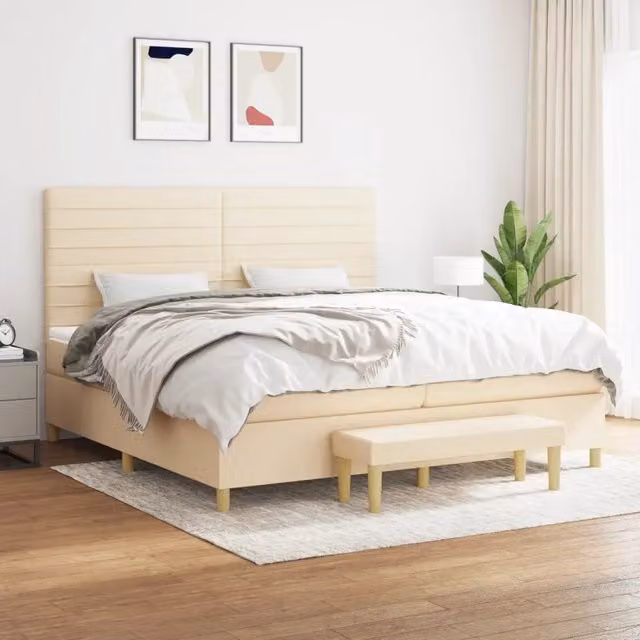 Letto Ibrido Moderno vidaXL con Materasso a Molle in Tessuto Beige e Bianco L/P/H: 200 x 200 x 128 cm