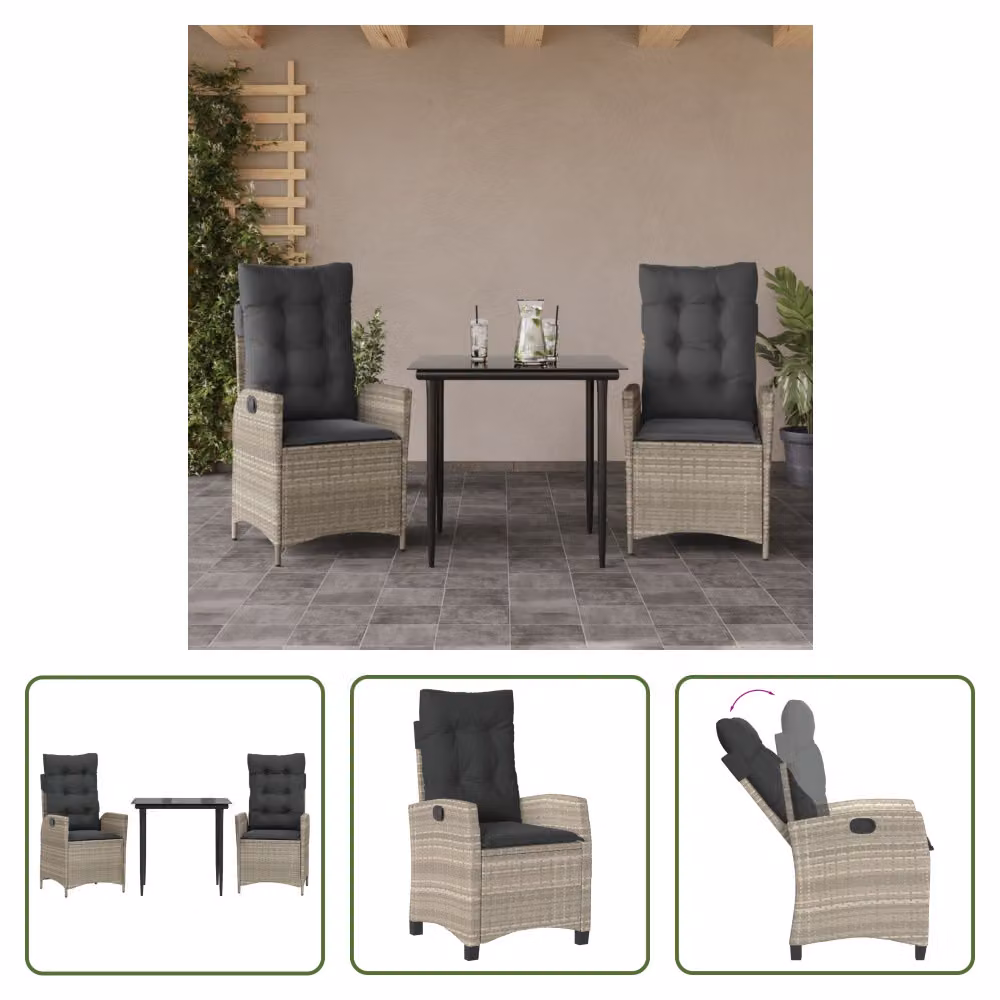The Living Store Set da pranzo da giardino 3 pezzi con cuscini in rattan grigio chiaro