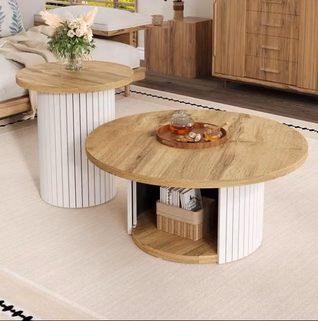 Set di tavolini da caffè rotondi in MDF naturale, design nordico con vano portaoggetti