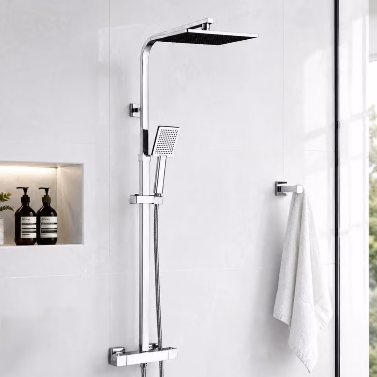 Kit completo per sistema doccia con termostato, soffione a pioggia di 25x25 cm, regolabile in altezza