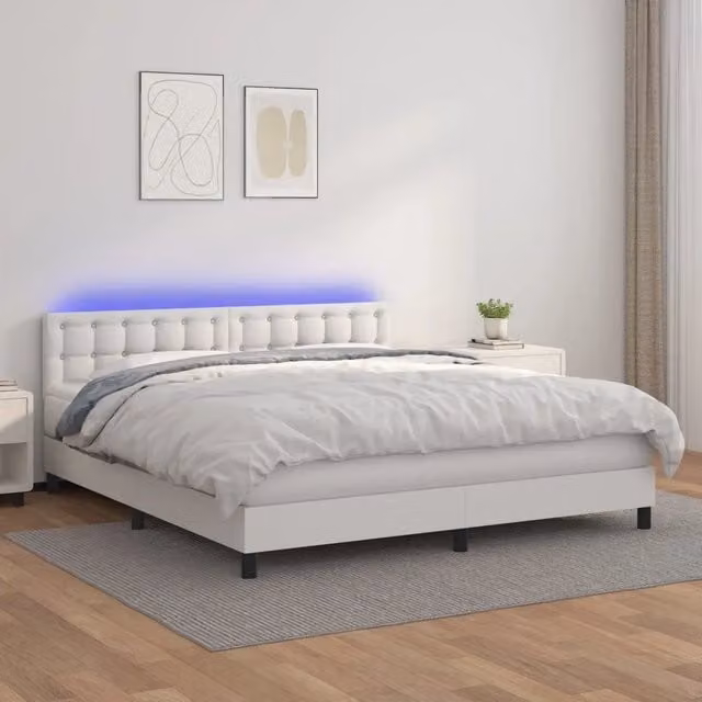 Letto con giroletto a molle, materasso ibrido e illuminazione LED vidaXL, Bianco, L 180 x P 200 cm – 1