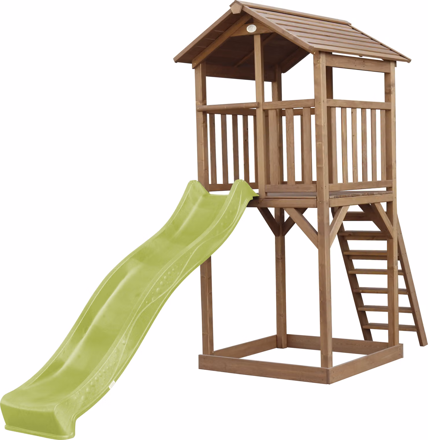 AXI Beach Tower parco giochi in legno in marrone | Torre di gioco per bambini con sabbiera e scivolo verde lime | Casa per bambini su palafitte per il giardino
