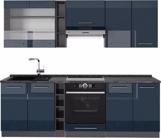 Cucina componibile moderna Vicco Fame-Line Blu scuro lucido e Antracite L: 235 cm, P: 60 cm, H: 205 cm