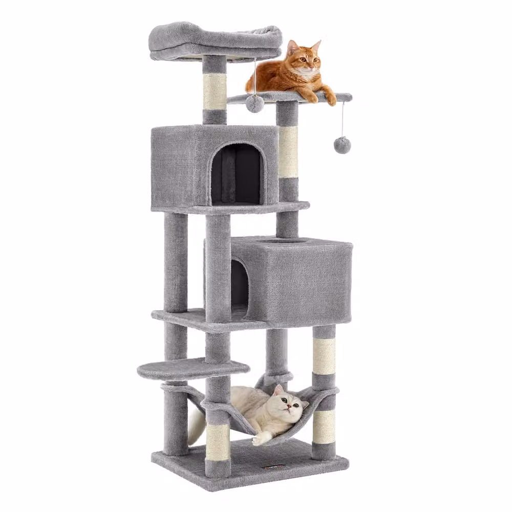 Albero per Gatti Alto con Pali Graffiatoi Posatoi Grotte Amaca Pompon, Grigio Chiaro