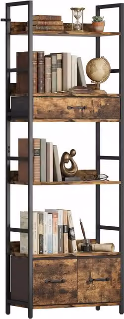 Libreria Xylo a 6 livelli con 3 cassetti in tessuto, stile industrial in legno marrone e metallo nero, L 60 cm x P 30 cm x H 176 cm