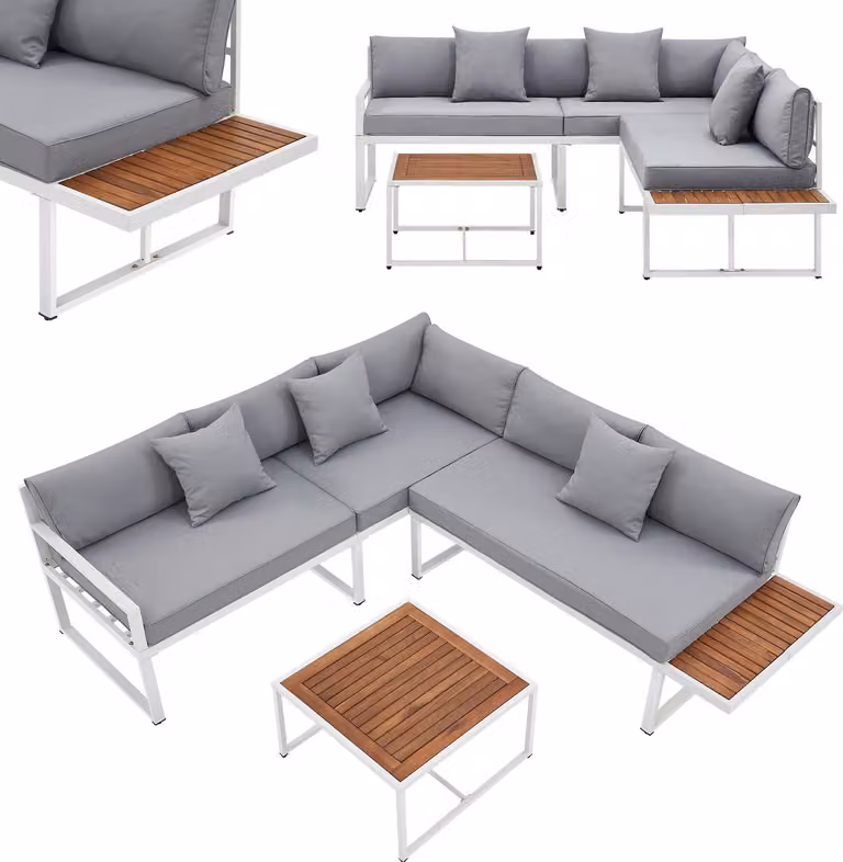 Juskys mobili da giardino lounge St. Tropez per 4 persone - tavolo, divano e cuscini - set bianco