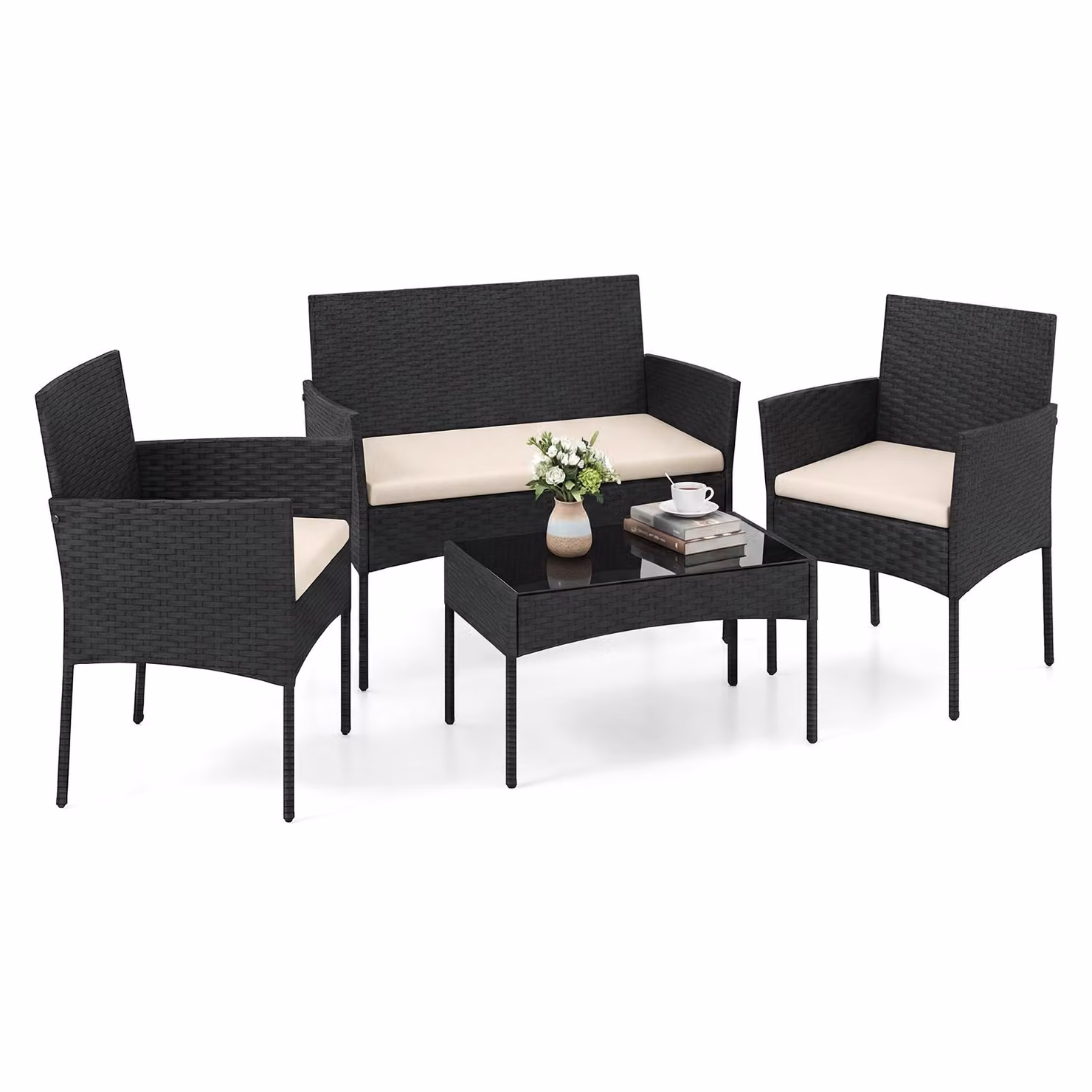 Set di mobili da giardino in polyrattan COSTWAY, set da giardino per esterni, set composto da 2 sedie, panca, tavolo e cuscini, mobili da terrazza, mobili da balcone beige