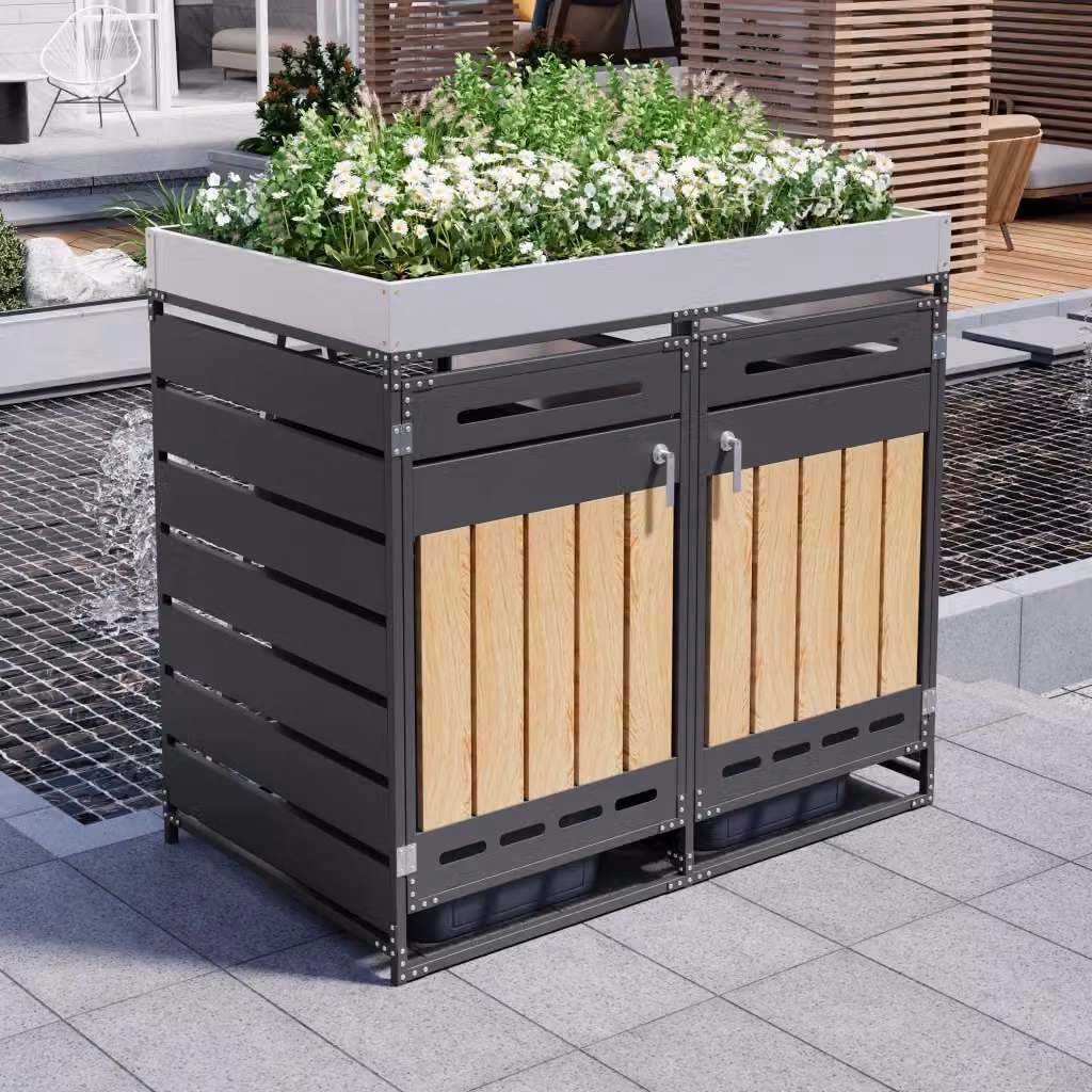Mobile contenitore da esterno in metallo nero con fioriera integrata, 2 vani e ante con serratura per giardino e terrazzo, L: 131 cm, P: 79 cm, H: 120 cm – 2