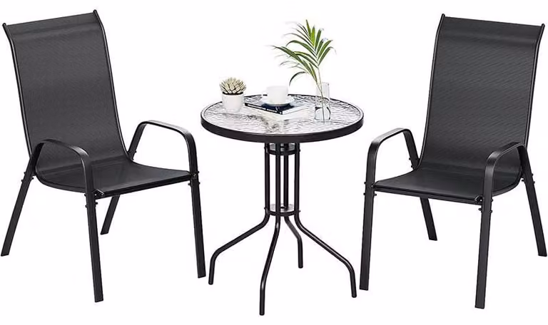 Set da giardino a 3 pezzi YTN-005, 2 sedie impilabili con tavolo rotondo, nero