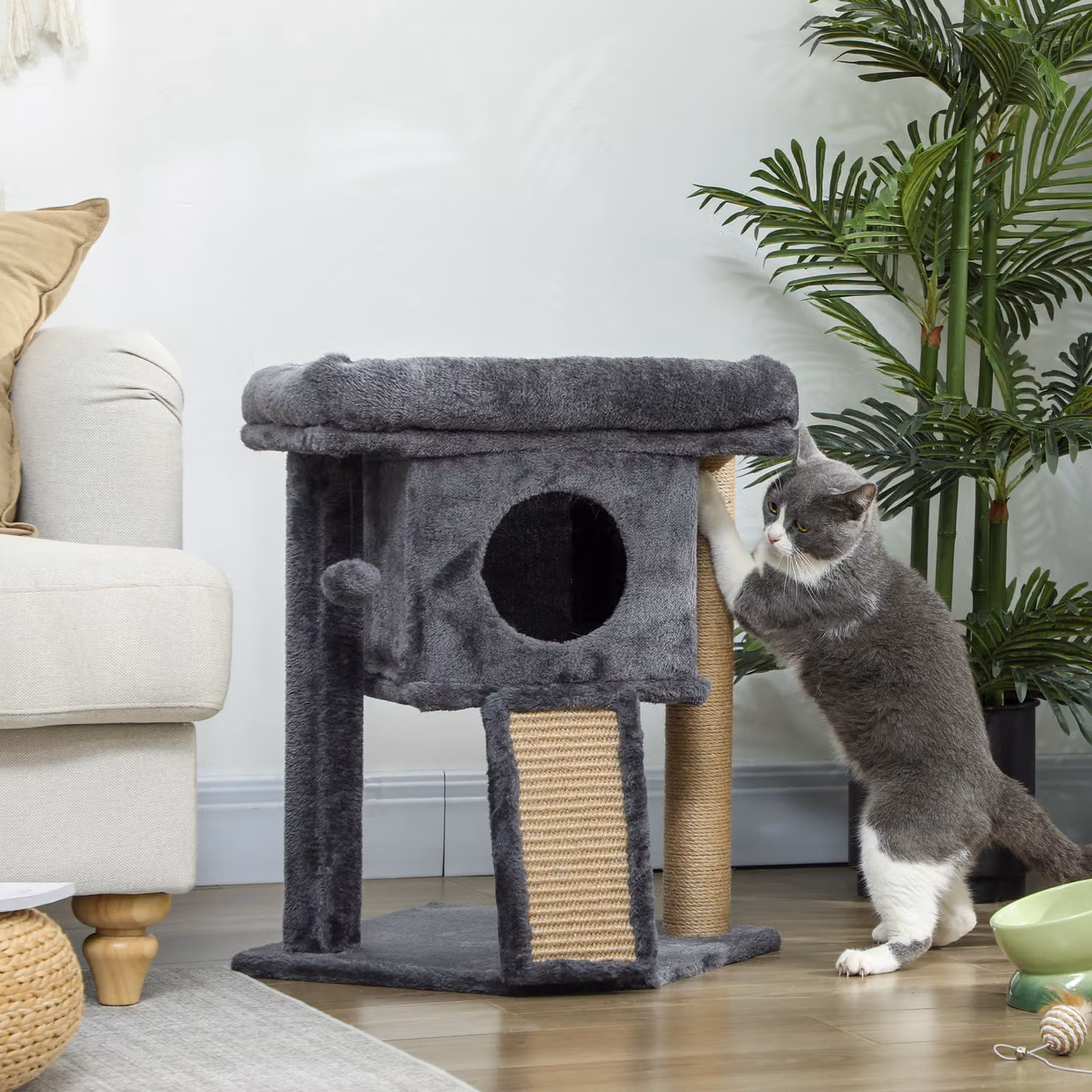 Albero tiragraffi PawHut con casa per gatti, piattaforma per sdraiarsi e giochi integrati, Beige, L 40 x P 40 x H 57 cm – 2