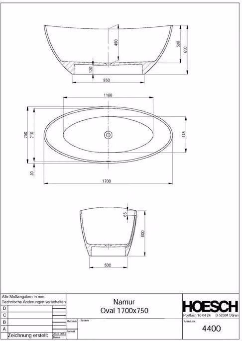 Vasca da bagno Namur 1700 x 750 x 450 mm, freestanding, bianca