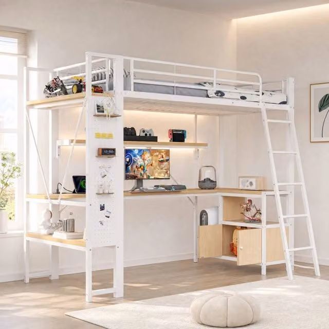 Letto a soppalco 90x200 cm in metallo/MDF bianco con scrivania - senza materasso