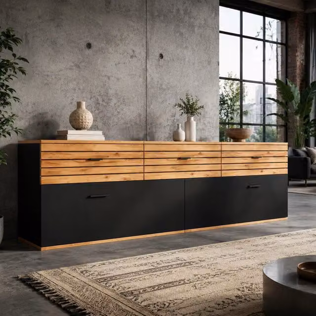 Mobile TV Mivray moderno con 3 cassetti e 2 ante a ribalta in MDF, colore naturale e nero, L: 168 cm, P: 38 cm, H: 59 cm – 1