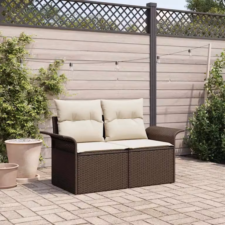 Divano da giardino moderno vidaXL in polyrattan marrone con cuscini, L: 141 cm, P: 62 cm, H: 69 cm