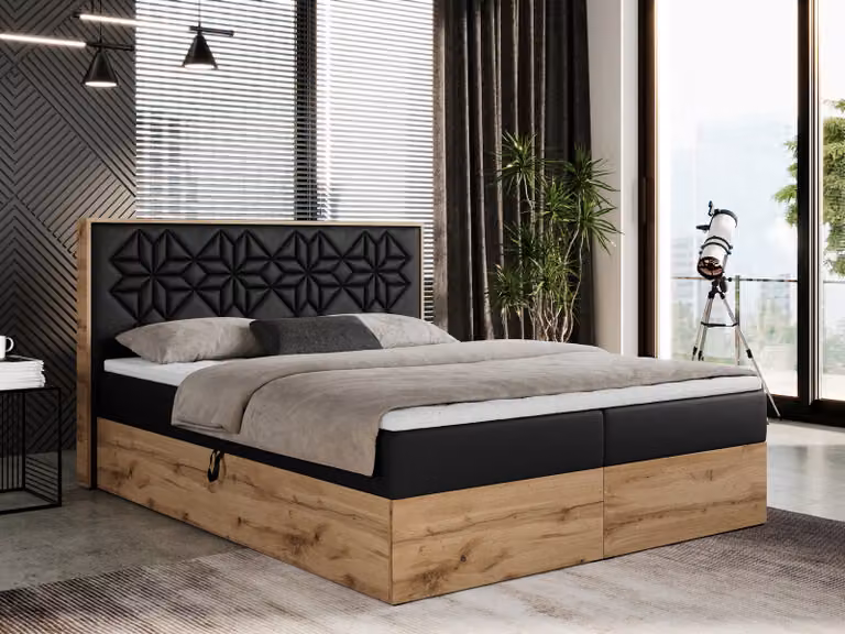 Letto boxspring 120x200 con contenitore, letto imbottito 120x200 con materasso H4, letto boxspring 120x200 con testiera, letto boxspring in legno massello - Nessi - Ecopelle nera - H4