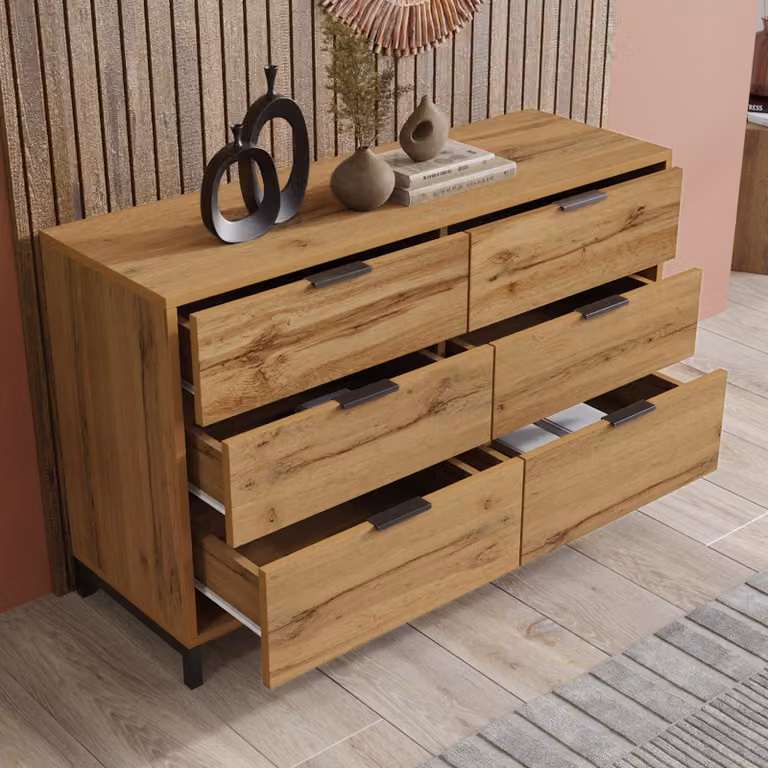 MODFU Comò con 6 cassetti, dimensioni 120 x 40 x 76 cm, mobile contenitore in legno effetto noce scuro, dotato di piedini regolabili e struttura in metallo