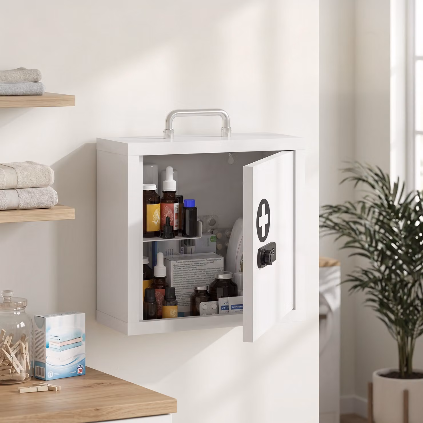 Armadietto medicinali da parete HOMCOM con serratura a combinazione e 2 ripiani interni, bianco – 2