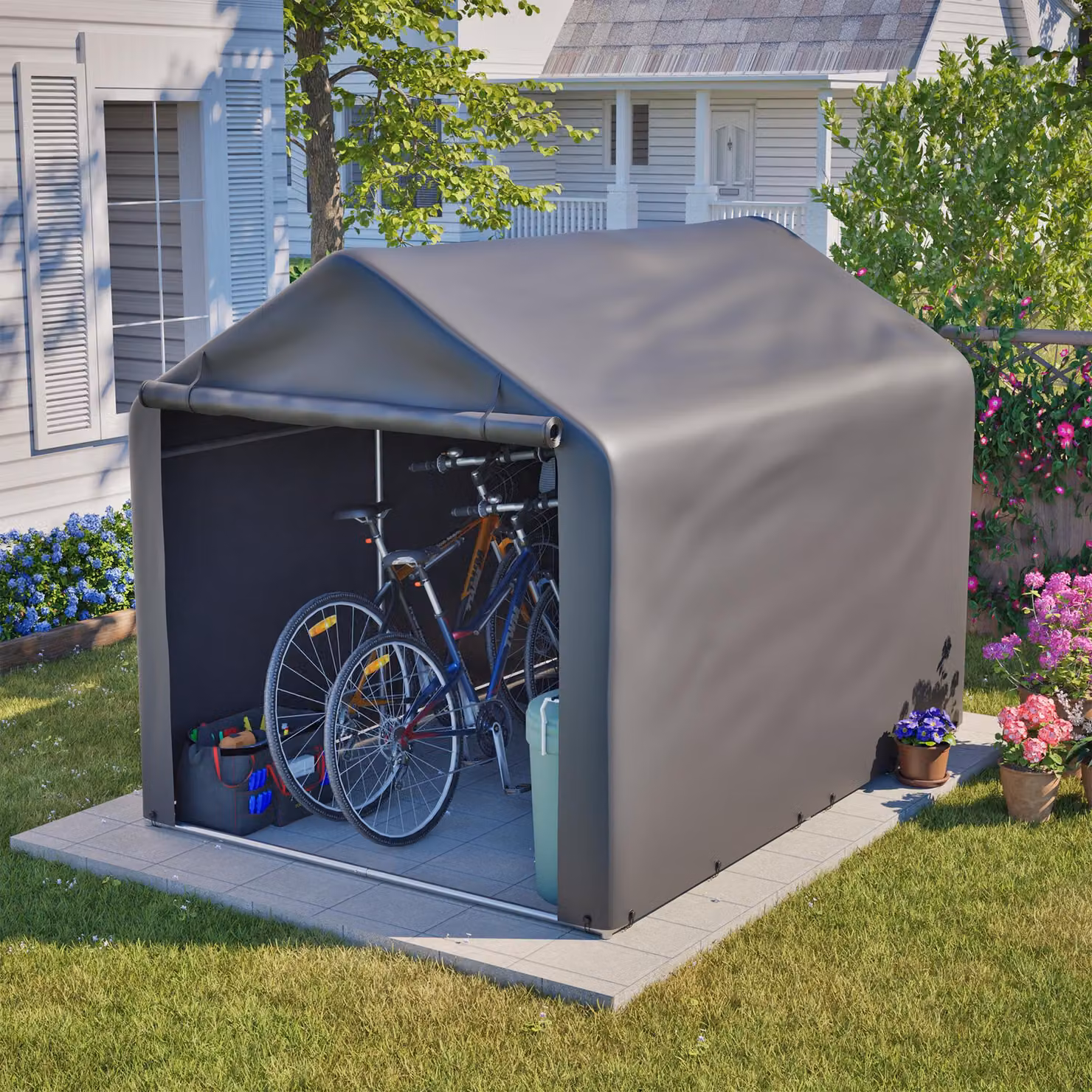 Garage per biciclette, dimensioni 160x220x165 cm, con porta a rullo, realizzata in polietilene impermeabile e resistente agli agenti atmosferici, ideale per l'uso in giardino