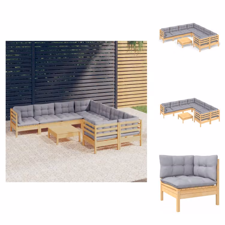 vidaXL Set 9 pezzi da giardino con cuscini grigi in legno di pino - Set di mobili da giardino