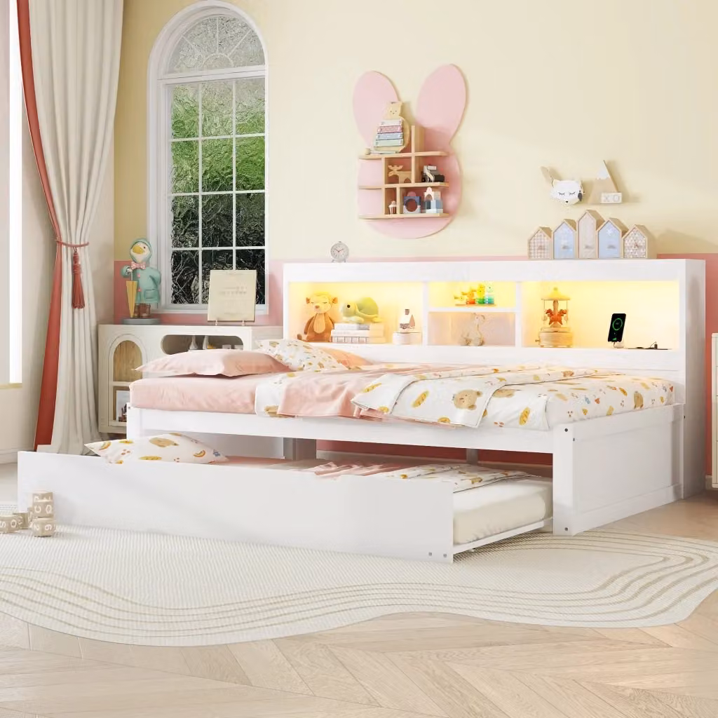 Letto Mivray con letto estraibile, illuminazione LED telecomandata, porte USB e vano laterale, colore bianco, L/P/H: 90 x 200 x 114,5 cm – 2