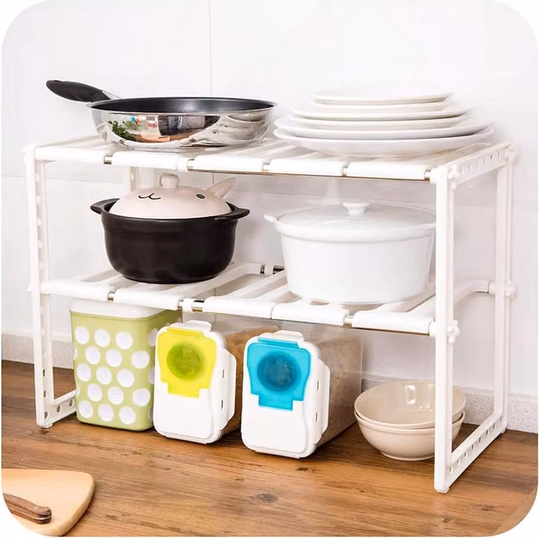 Mobiletto sottolavello con organizer estraibile - Scaffale regolabile in lunghezza - Scaffale a 2 ripiani per l'organizzazione di cucina e bagno - Bianco
