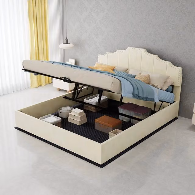 Letto imbottito contenitore ¨C Minimal ¨C beige velluto 160x200cm con struttura idraulica testiera