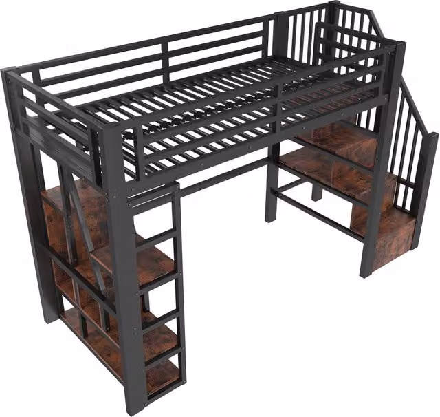 Letto a soppalco 90x200 cm con struttura in ferro, scaletta con ripiani, corrimano di sicurezza, LED integrato, nero