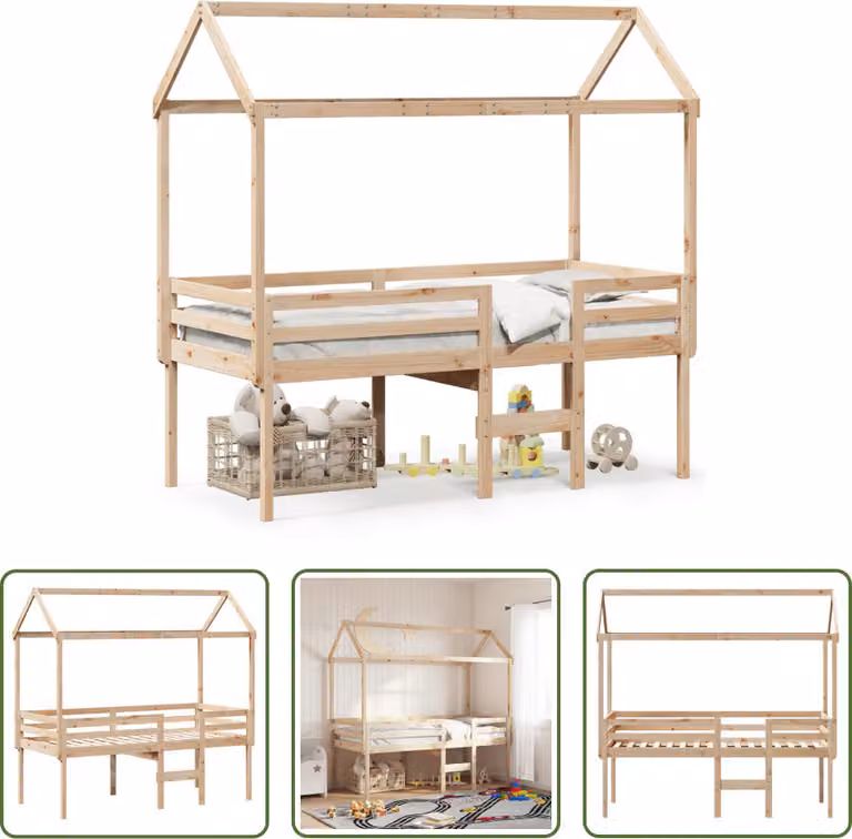 The Living Store Letto a soppalco con tetto 75x190 cm in legno di pino massiccio