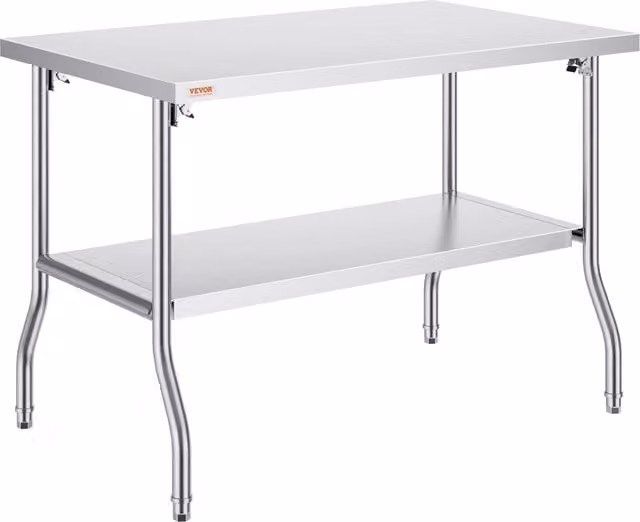 Tavolo da Lavoro Pieghevole in Acciaio Inossidabile con Ripiano Inferiore 1220x760x860 mm Robusto per Cucina Garage e Officina