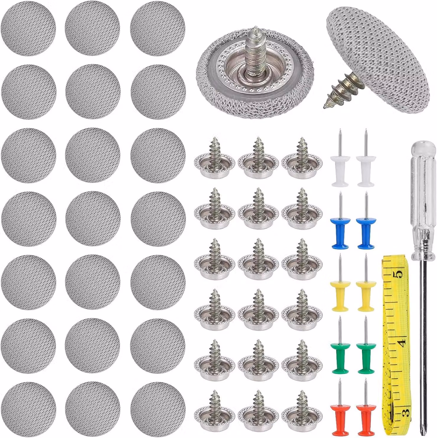 Kit di riparazione per autoriparazioni, contenente: 80 rivetti e perni a pressione, tessuto a rete, cacciavite, metro a nastro