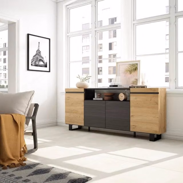 Credenza, Mobile, 200x35x87cm, 4 Porte, Design industriale, colore Rovere e nero RF2289