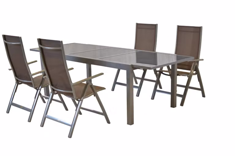 Set di mobili da giardino Merxx Carrara 5 pezzi, 4 poltrone pieghevoli taupe, 1 tavolo allungabile 160/220 x 90 cm - alluminio/tessuto