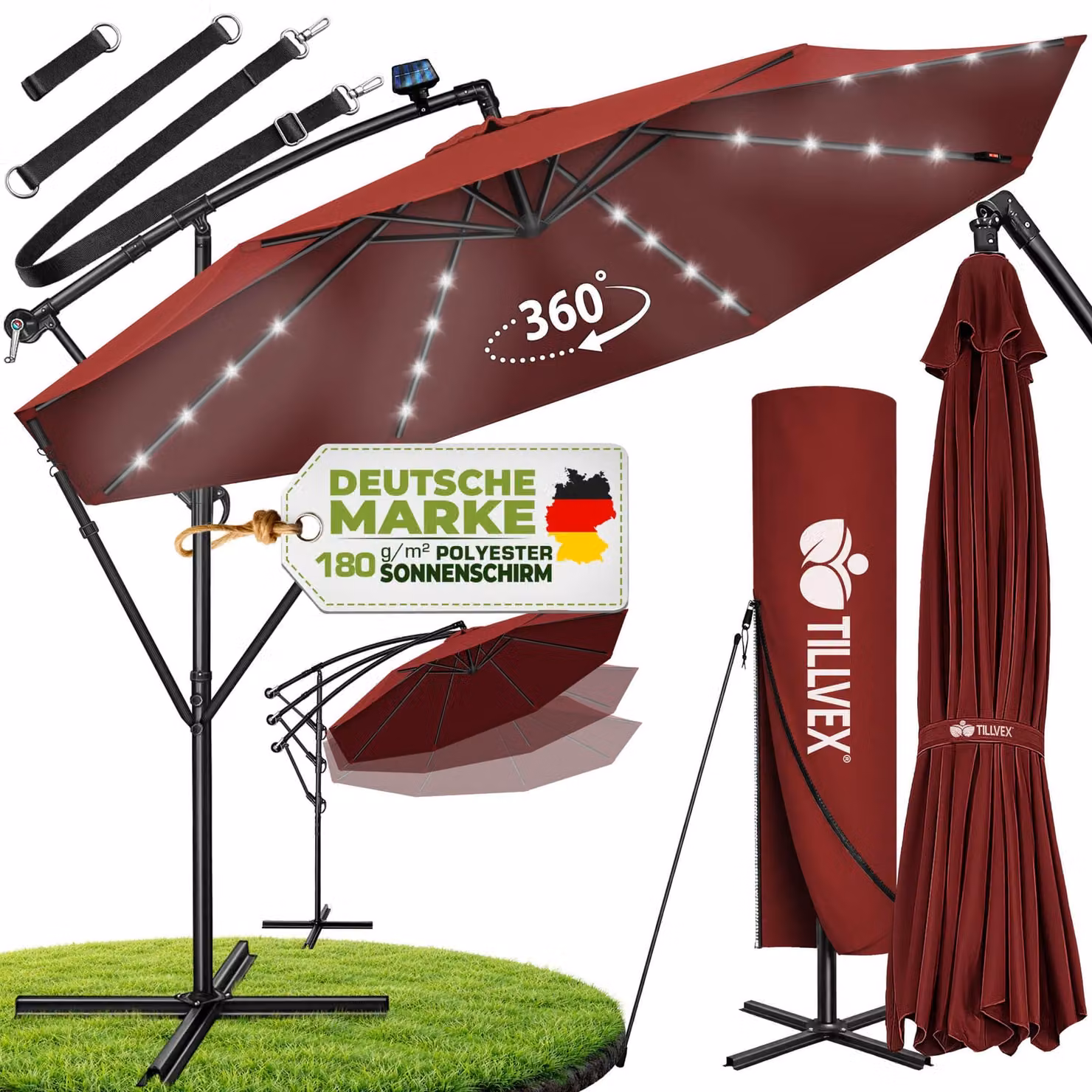 tillvex ombrellone a sbalzo in alluminio rosso LED solare Ø 300 cm con manovella | ombrellone con interruttore on/off | ombrellone da giardino protezione UV alluminio | ombrellone a manovella con supporto ombrellone da mercato impermeabile
