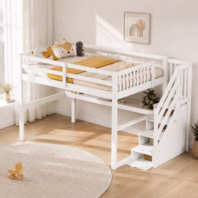 Letto a soppalco per bambini 140x200 cm in legno di pino bianco con scrivania e cassetti contenitori