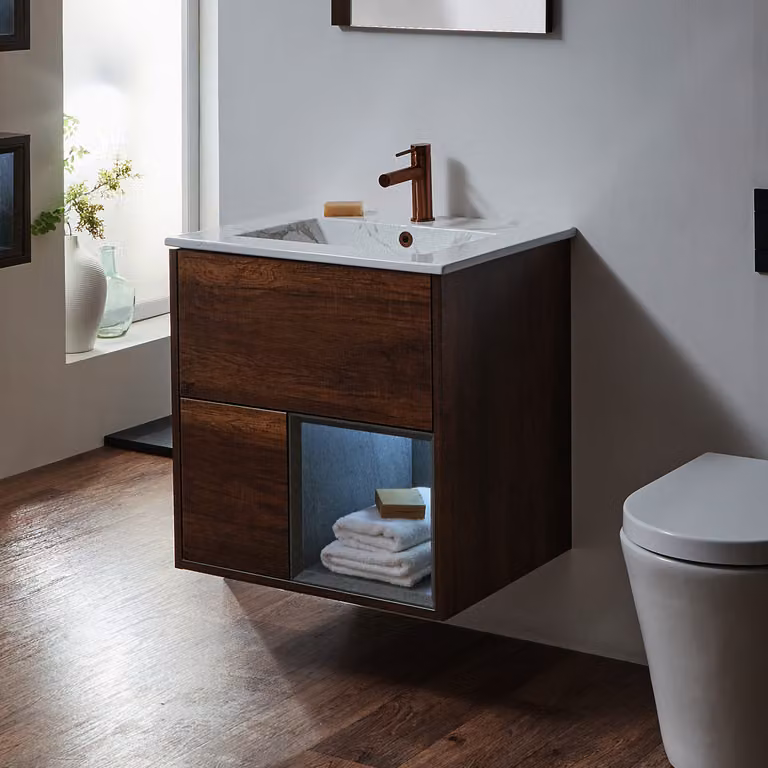 Mobile Bagno Sospeso 612mm Rovere Scuro Con Lavabo Marmo E Led