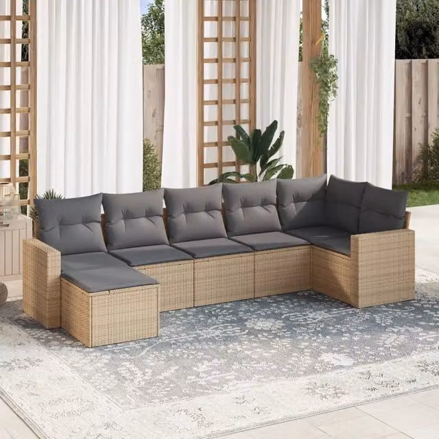 vidaXL Set Divani da Giardino a L 7 pz in Polyrattan con Cuscini Beige e Grigio
