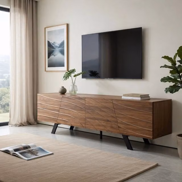 Cassettiera per TV moderna KOMHTOM in MDF e metallo, colore marrone, L: 160 cm, P: 39 cm, H: 50,5 cm