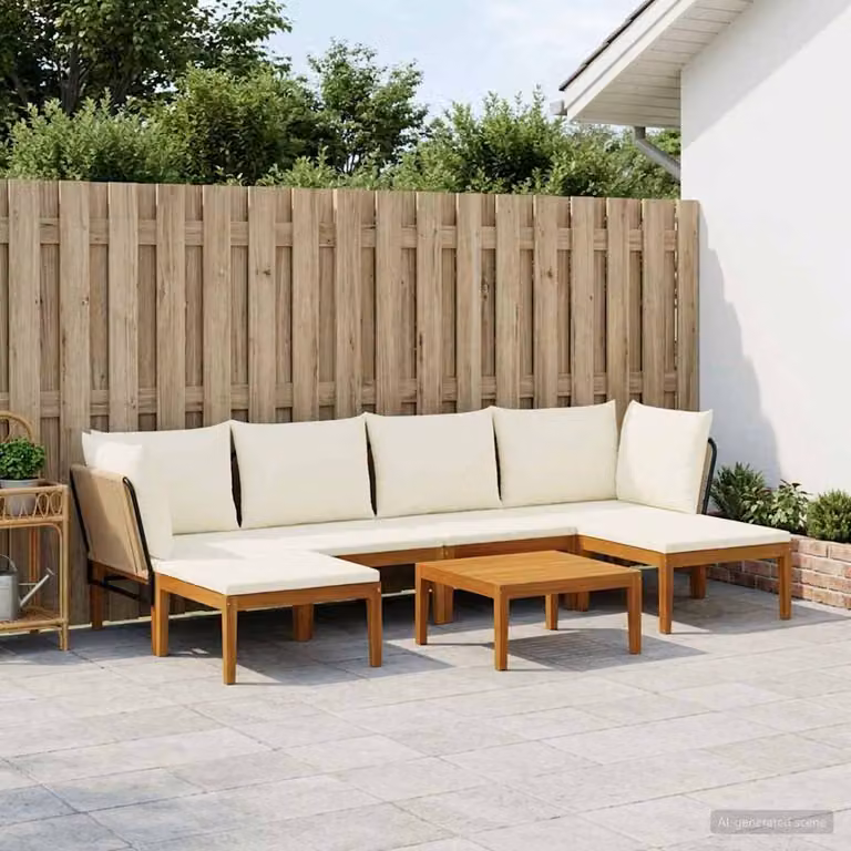 Set da giardino vidaXL in legno di acacia con 7 pezzi, composto da divano angolare, tavolino e pouf, colore marrone con cuscini beige e bianchi