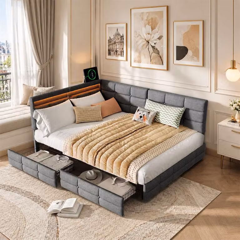 Letto imbottito INONEFT, 140 x 190 cm, con testiera a forma di L, letto per ragazzi con rete a doghe, letto matrimoniale con 2 cassetti, dotato di USB e LED, rivestito in lino, colore grigio